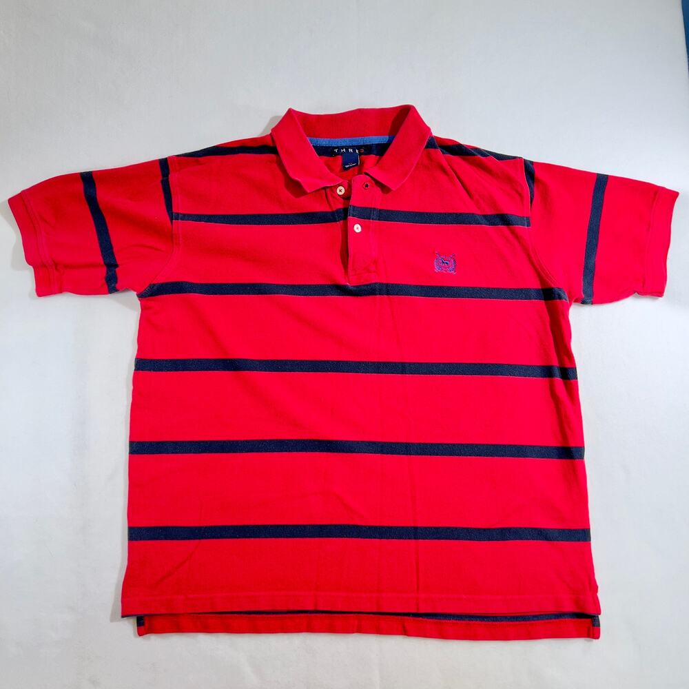 Thre3 Polo Shirt Men's XL 100% Cotton 2-Button Red/ Navy Stripes Short Sleeve